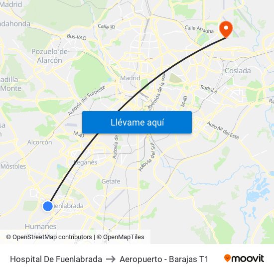 Hospital De Fuenlabrada to Aeropuerto - Barajas T1 map