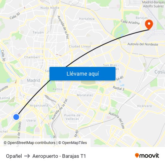 Opañel to Aeropuerto - Barajas T1 map