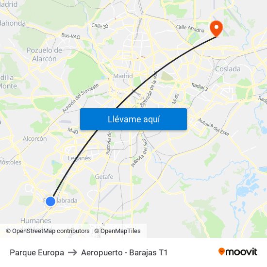 Parque Europa to Aeropuerto - Barajas T1 map