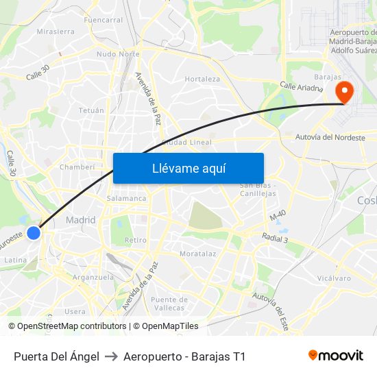 Puerta Del Ángel to Aeropuerto - Barajas T1 map