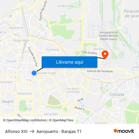 Alfonso XIII to Aeropuerto - Barajas T1 map