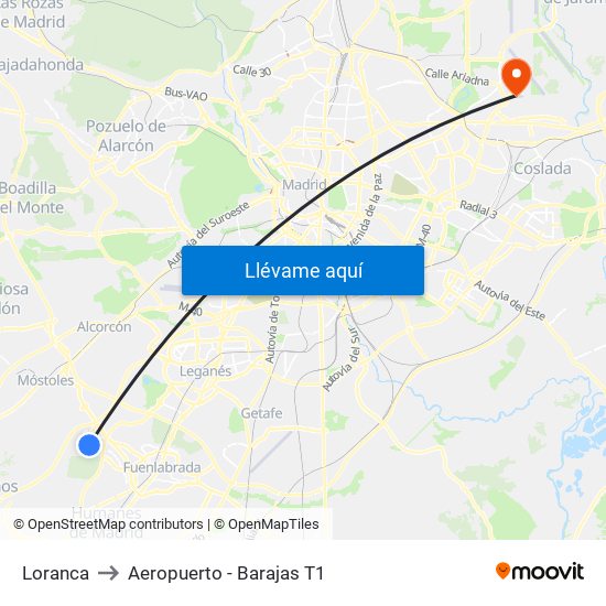 Loranca to Aeropuerto - Barajas T1 map