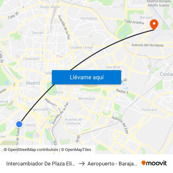 Intercambiador De Plaza Elíptica to Aeropuerto - Barajas T1 map