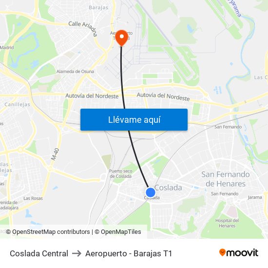 Coslada Central to Aeropuerto - Barajas T1 map