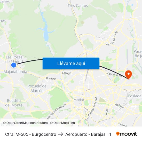Ctra. M-505 - Burgocentro to Aeropuerto - Barajas T1 map