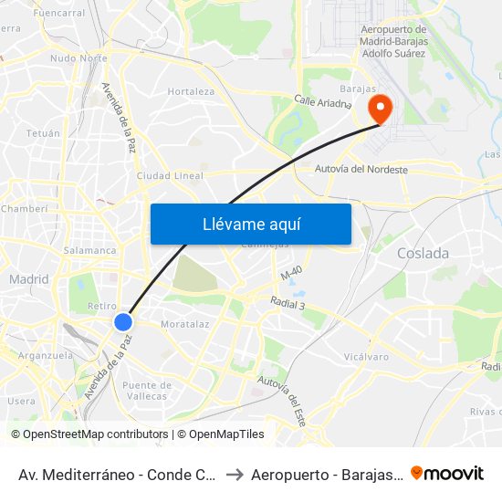Av. Mediterráneo - Conde Casal to Aeropuerto - Barajas T1 map