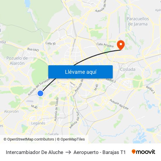 Intercambiador De Aluche to Aeropuerto - Barajas T1 map