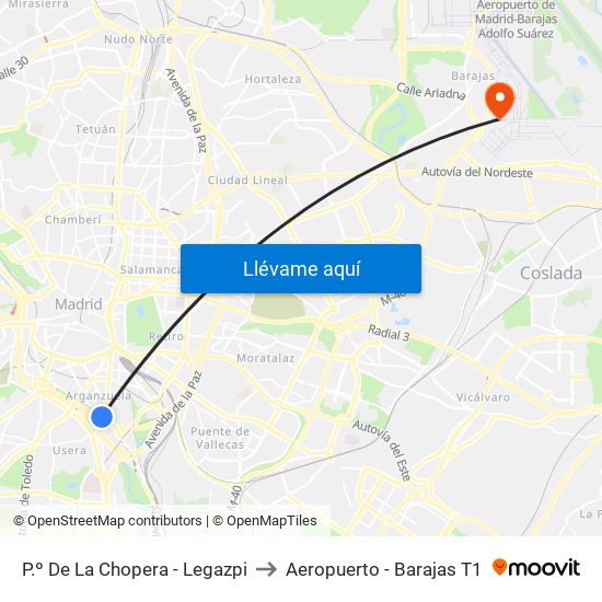 P.º De La Chopera - Legazpi to Aeropuerto - Barajas T1 map