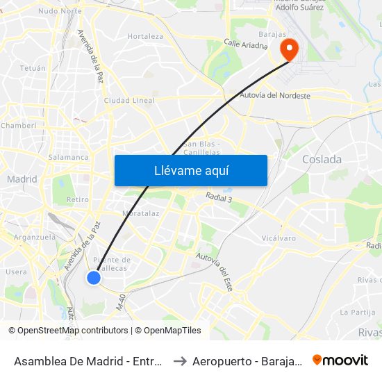 Asamblea De Madrid - Entrevías to Aeropuerto - Barajas T1 map