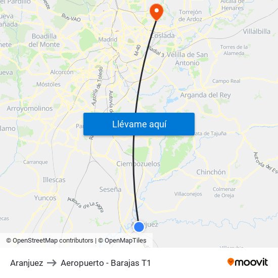 Aranjuez to Aeropuerto - Barajas T1 map