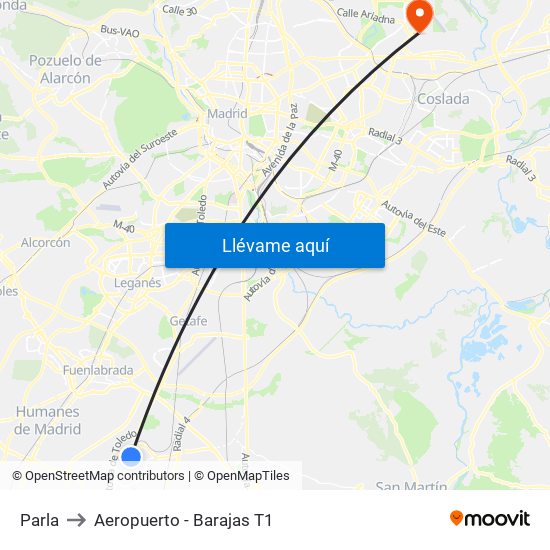 Parla to Aeropuerto - Barajas T1 map