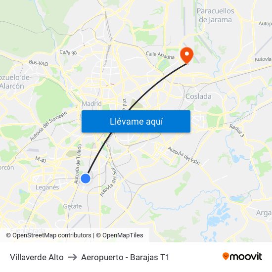 Villaverde Alto to Aeropuerto - Barajas T1 map