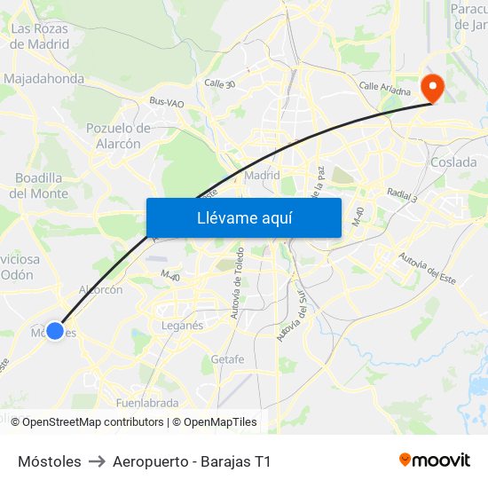 Móstoles to Aeropuerto - Barajas T1 map