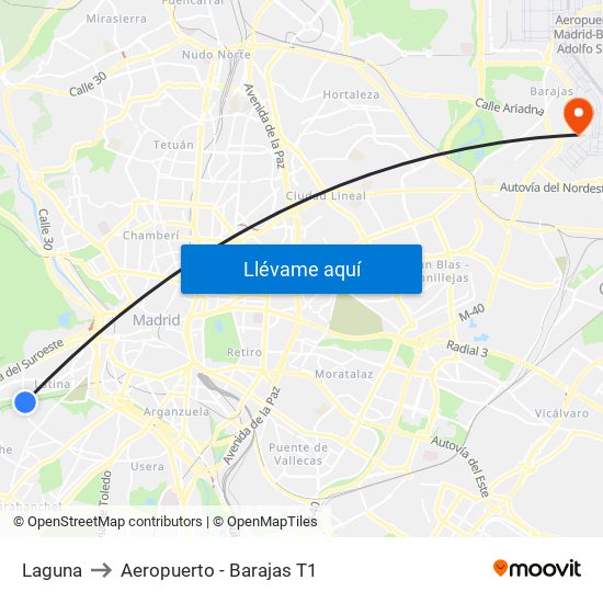 Laguna to Aeropuerto - Barajas T1 map
