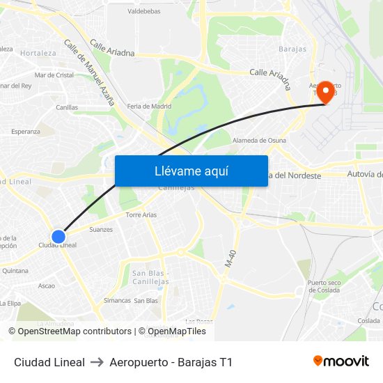 Ciudad Lineal to Aeropuerto - Barajas T1 map