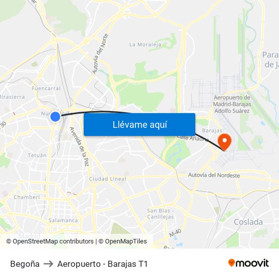 Begoña to Aeropuerto - Barajas T1 map