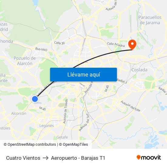 Cuatro Vientos to Aeropuerto - Barajas T1 map
