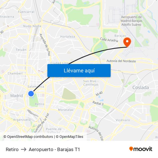 Retiro to Aeropuerto - Barajas T1 map