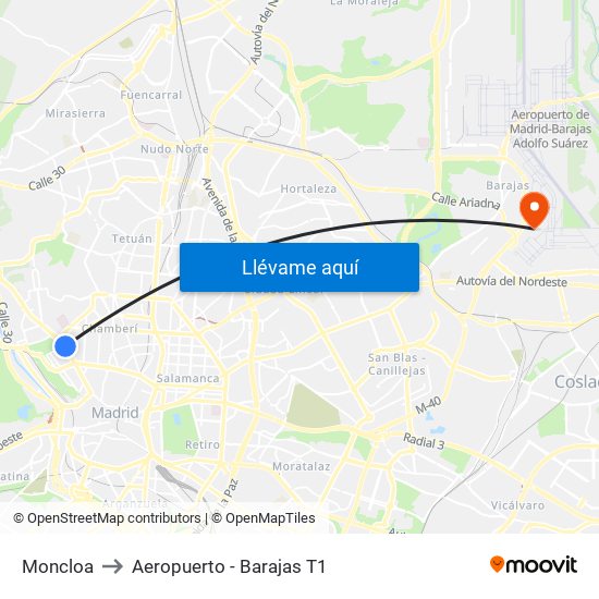 Moncloa to Aeropuerto - Barajas T1 map