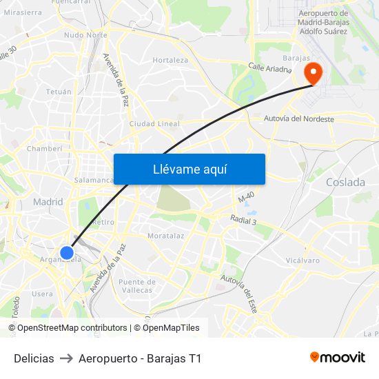Delicias to Aeropuerto - Barajas T1 map