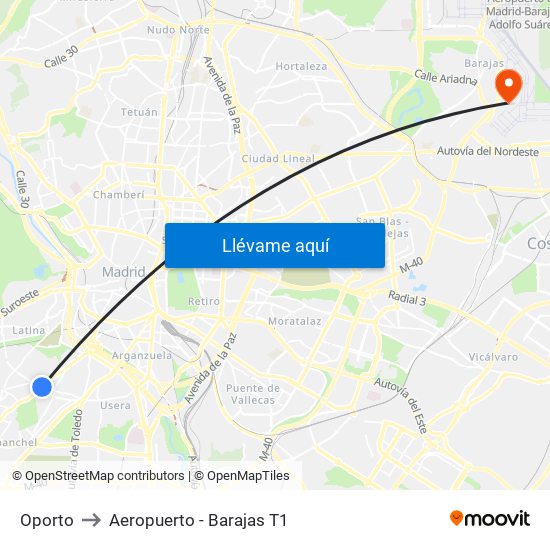 Oporto to Aeropuerto - Barajas T1 map