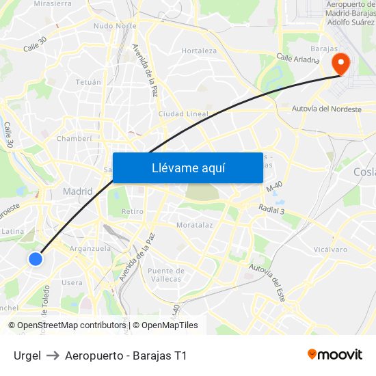 Urgel to Aeropuerto - Barajas T1 map
