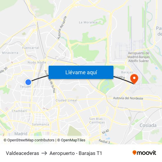 Valdeacederas to Aeropuerto - Barajas T1 map