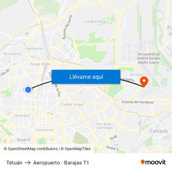Tetuán to Aeropuerto - Barajas T1 map