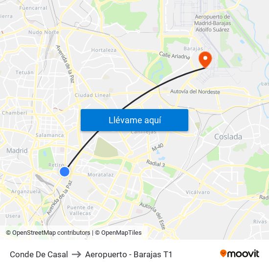 Conde De Casal to Aeropuerto - Barajas T1 map