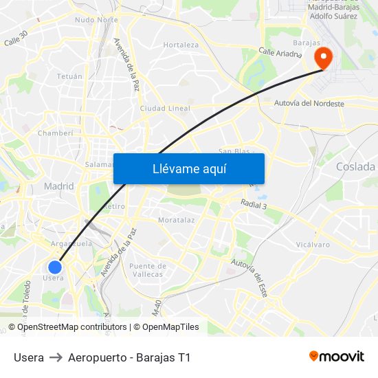 Usera to Aeropuerto - Barajas T1 map