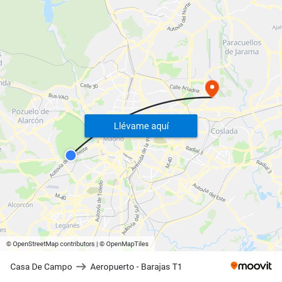 Casa De Campo to Aeropuerto - Barajas T1 map