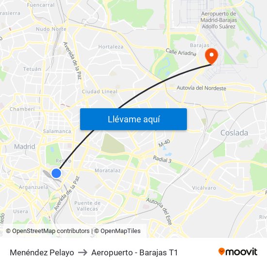 Menéndez Pelayo to Aeropuerto - Barajas T1 map