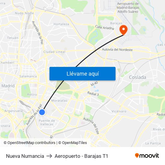 Nueva Numancia to Aeropuerto - Barajas T1 map