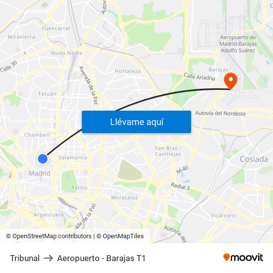 Tribunal to Aeropuerto - Barajas T1 map