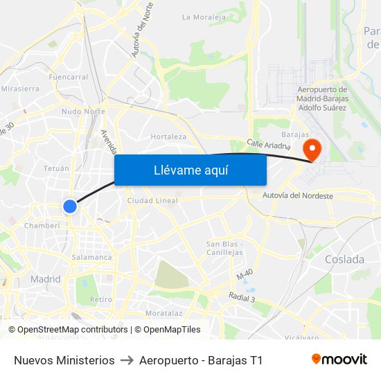 Nuevos Ministerios to Aeropuerto - Barajas T1 map