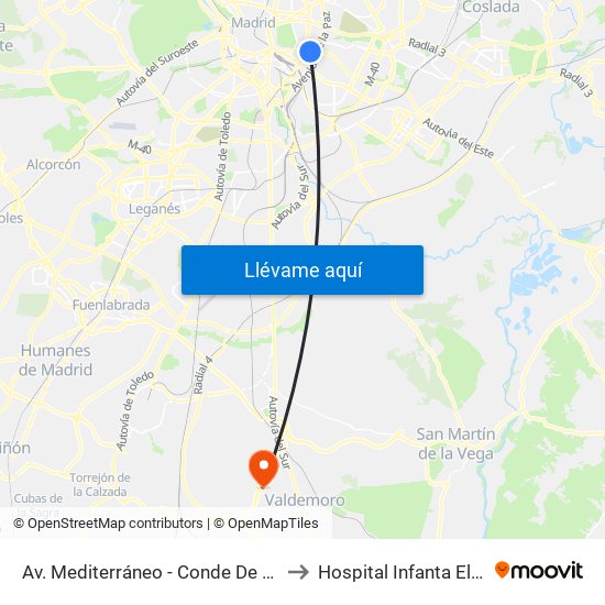 Av. Mediterráneo - Conde De Casal to Hospital Infanta Elena. map