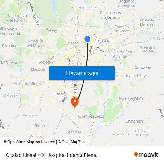 Ciudad Lineal to Hospital Infanta Elena. map