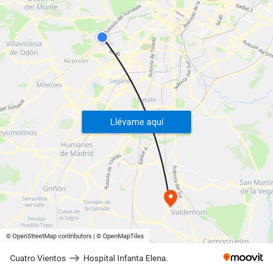 Cuatro Vientos to Hospital Infanta Elena. map