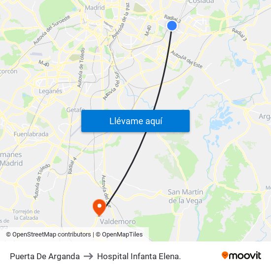 Puerta De Arganda to Hospital Infanta Elena. map