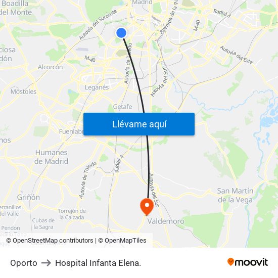Oporto to Hospital Infanta Elena. map