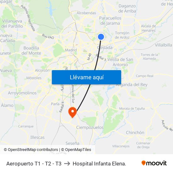 Aeropuerto T1 - T2 - T3 to Hospital Infanta Elena. map