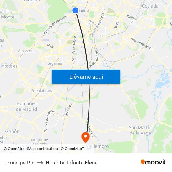 Príncipe Pío to Hospital Infanta Elena. map