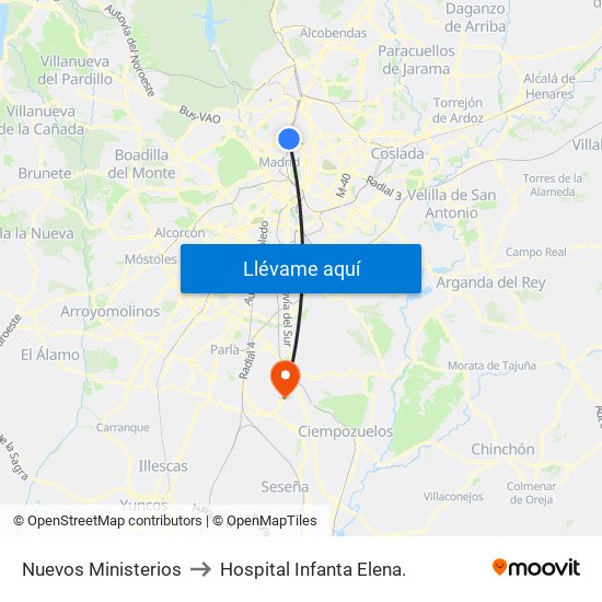 Nuevos Ministerios to Hospital Infanta Elena. map