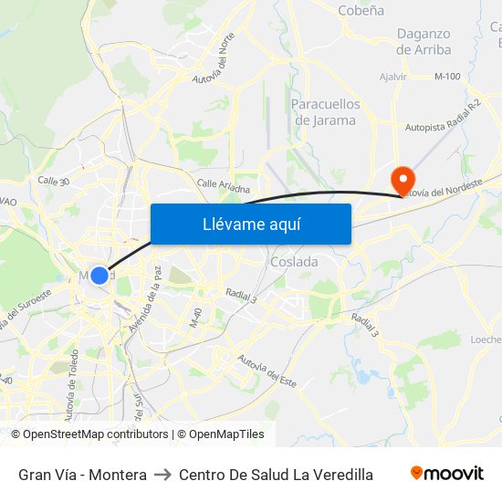 Gran Vía - Montera to Centro De Salud La Veredilla map