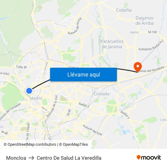 Moncloa to Centro De Salud La Veredilla map