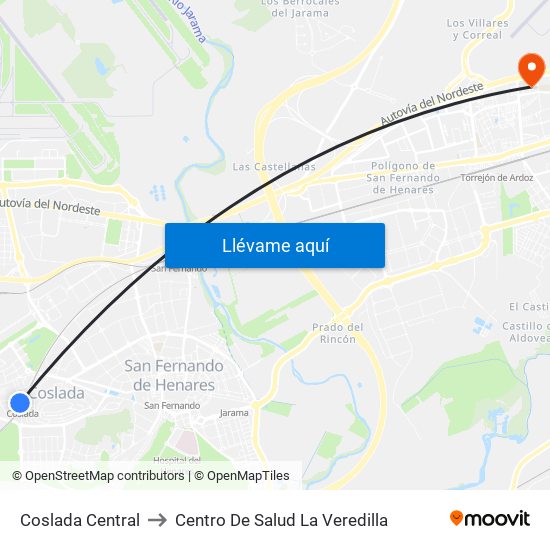 Coslada Central to Centro De Salud La Veredilla map