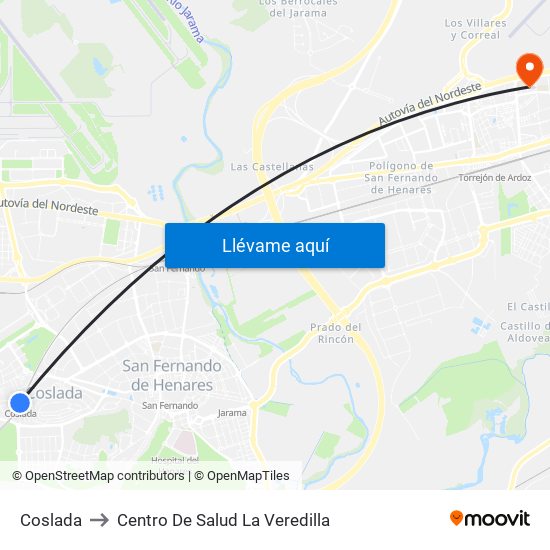 Coslada to Centro De Salud La Veredilla map