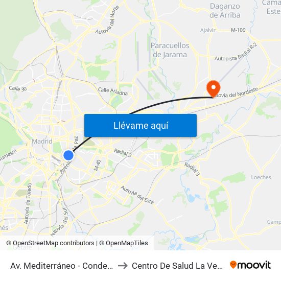 Av. Mediterráneo - Conde Casal to Centro De Salud La Veredilla map