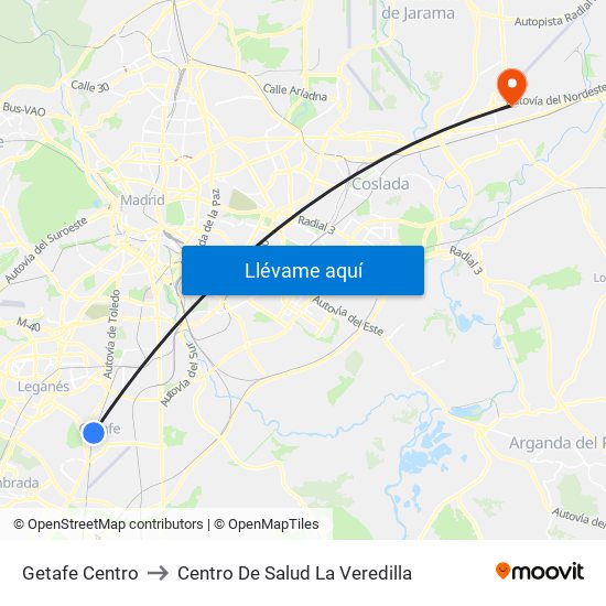 Getafe Centro to Centro De Salud La Veredilla map