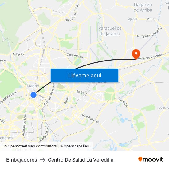 Embajadores to Centro De Salud La Veredilla map